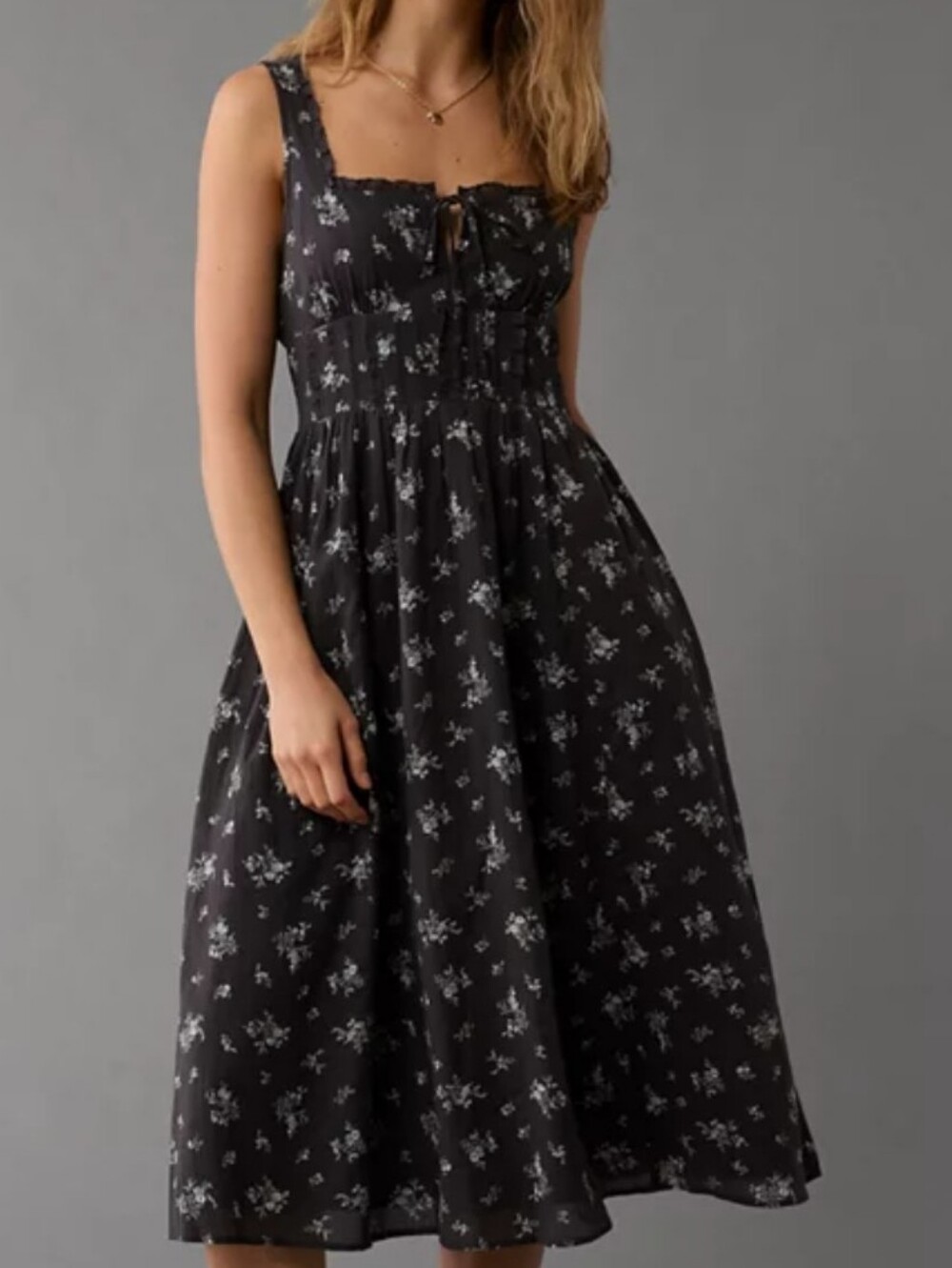 American Eagle Gray Floral Smocked Cotton Midi Dress Corset Milkmaid XS